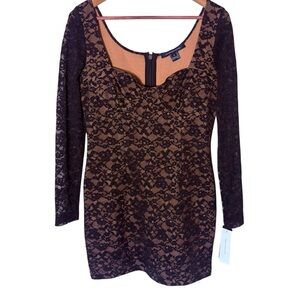 NWT French Connection Black Lace Nude Bodycon Cocktail Dress Long Sleeve Medium